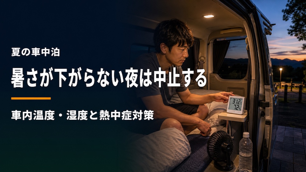夏の車中泊で、寝床付近に置いた温湿度計を確認する様子