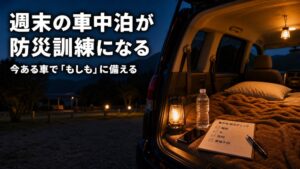 週末の車中泊で防災訓練をするイメージ